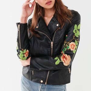 Embroidered Floral Faux Leather Black Moto Jacket Blank Nyc